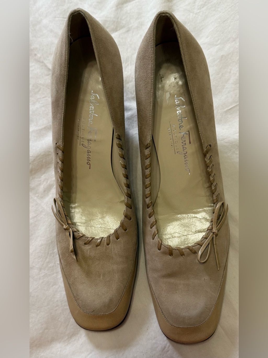 Salvatore Ferragamo Taupe Suede Bow Trim Heels